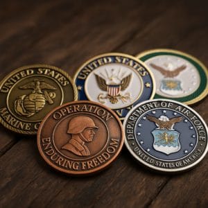 Group of challenge coins on wood table