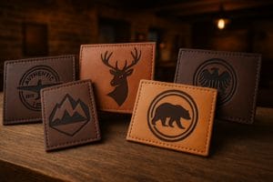 four leather patches on wood table