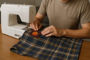 sewing a patch onto flannel shirt