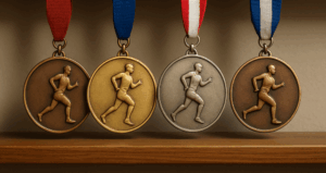 four racing medals in different finishes