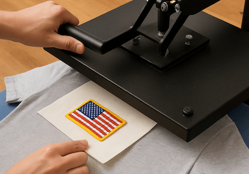 heat pressing a flag patch onto a shirt