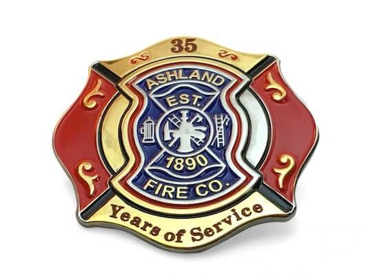 35 year fire department custom shaped service pin