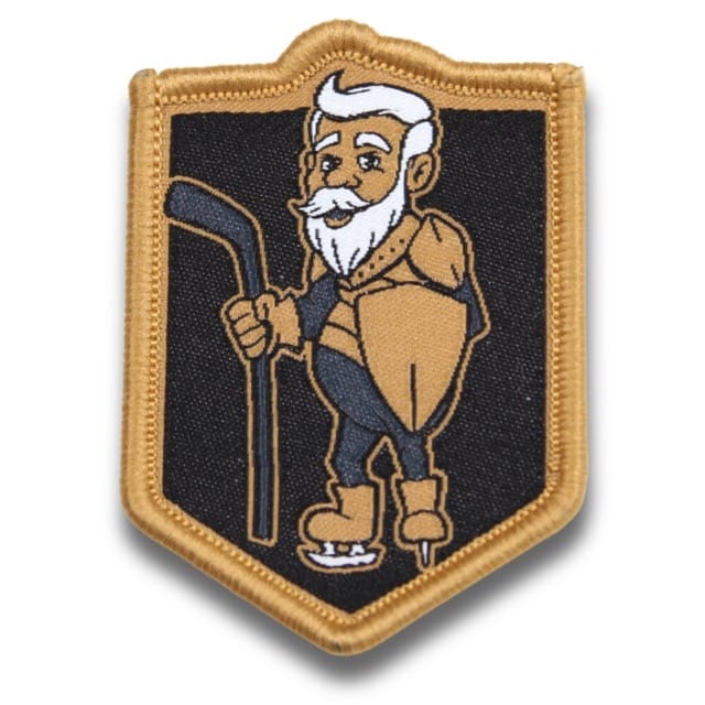 old man holding a shield made as a custom patch with a black background